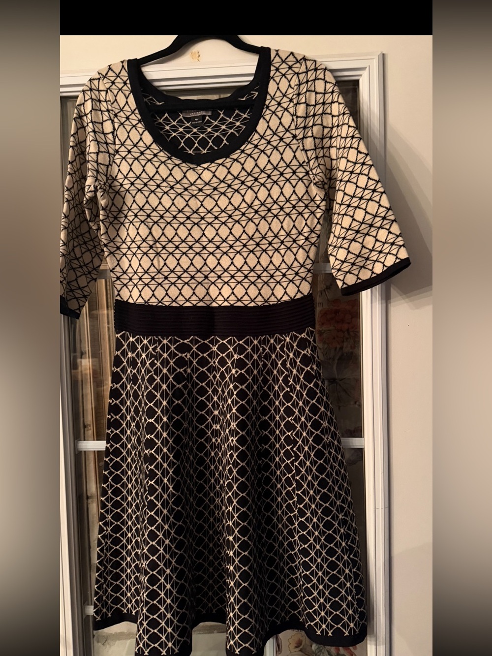 Cream & Black Geometric Fit-and-Flare Skirt Dress by